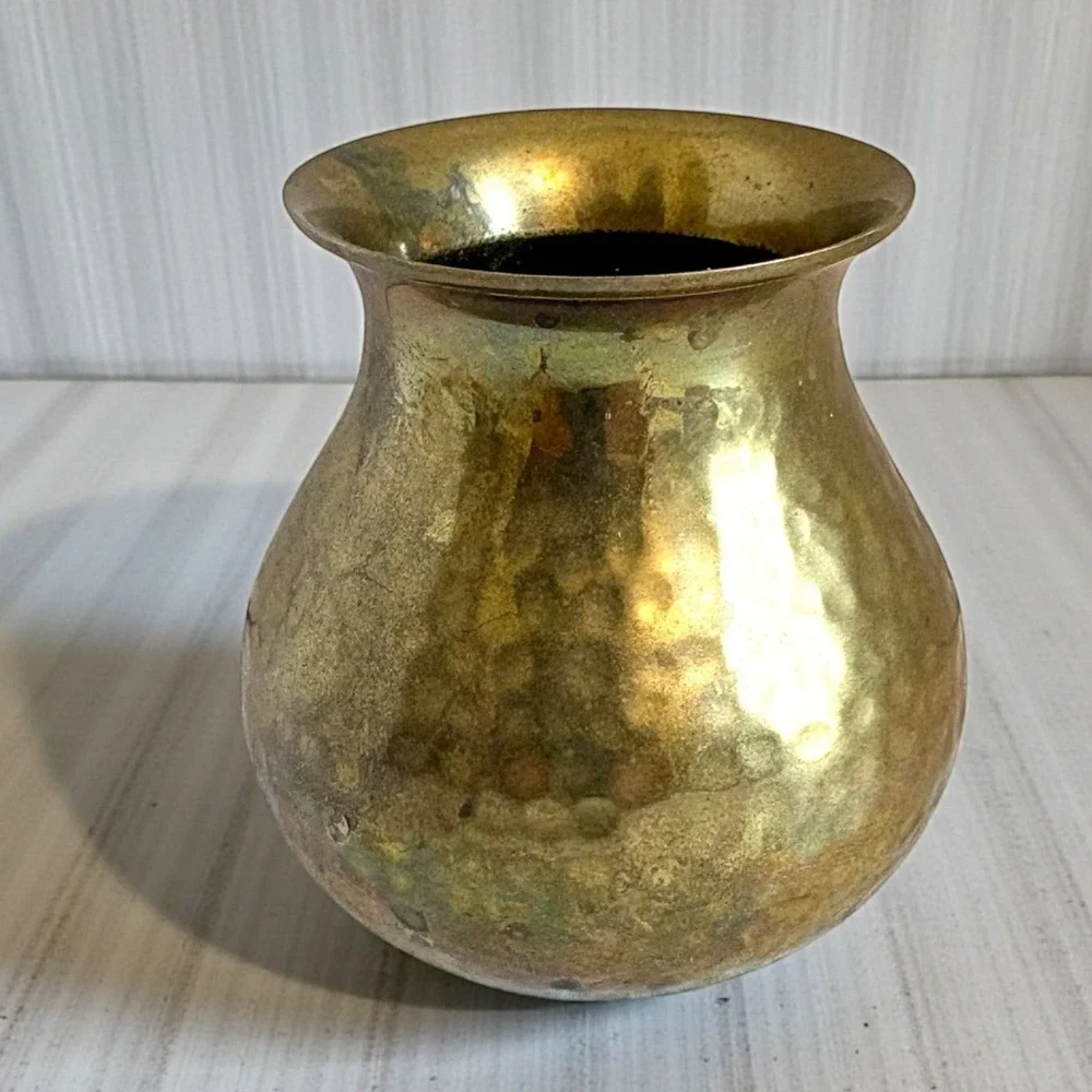 Vintage‎ Solid Brass Hammered Mini Bud Vase Made in India 3.25 Inch Bulbous Gold